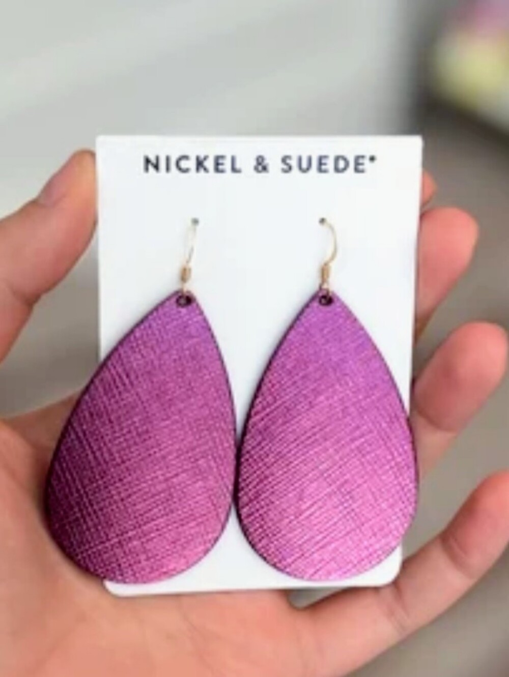 NEW Nickel & Suede Purple Metallic Teardrop Leather Earrings